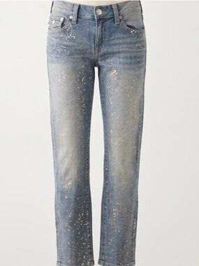 True Religion Cameron Slim Boyfriend Jeans Size 26 Gold Metallic Foil Splatter
